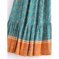 Fashion Floral Print Beach Bohemian Pleated Skirt Rayon Maxi Skirts