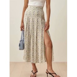 A-line Floral Print Long High Waist Pleated Slit Skirts