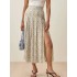 A-line Floral Print Long High Waist Pleated Slit Skirts