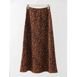 Leopard Print Suede Skirt Long Autumn Vintage A Line Maxi Skirts
