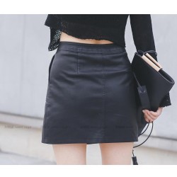 Skirt PU Leather Sexy Mini With Pockets Zipper A-line