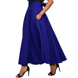 Vintage Pleated Flared Pockets Lace Up Bow Plus Size Slit Long Maxi Skirt