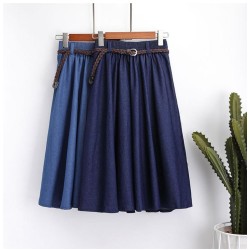 Denim Skirt With Belt Midi Knee Length A-line Pleated