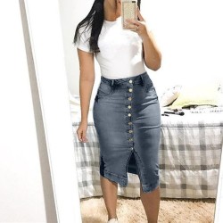 Short Denim Buttons Pockets Split Bandage Jeans Skirt