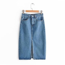 Sexy Denim Fashion Split Mid Calf Length Skirt Vintage Pocket