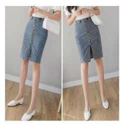 Denim Sheath Wrap Single-Breasted High Waist Pencil Midi Skirt