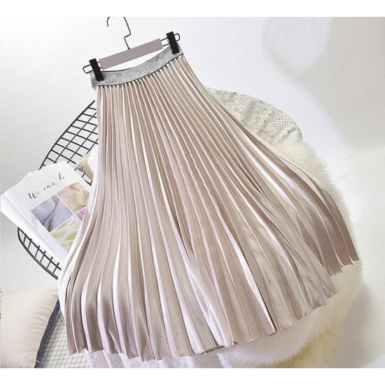 Metal Color Pleated Midi Skirt