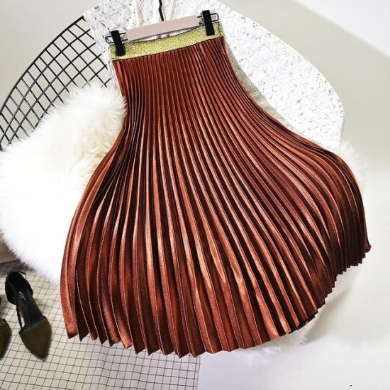 Metal Color Pleated Midi Skirt