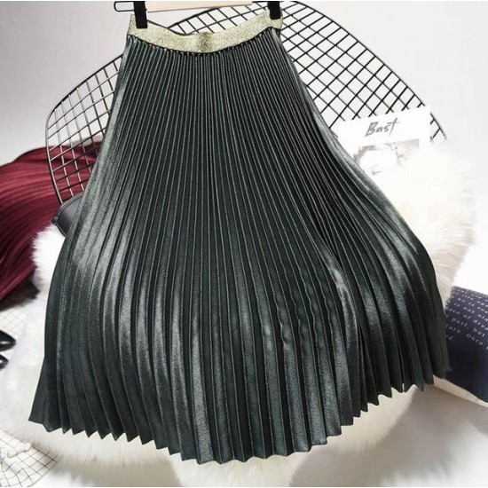 Metal Color Pleated Midi Skirt