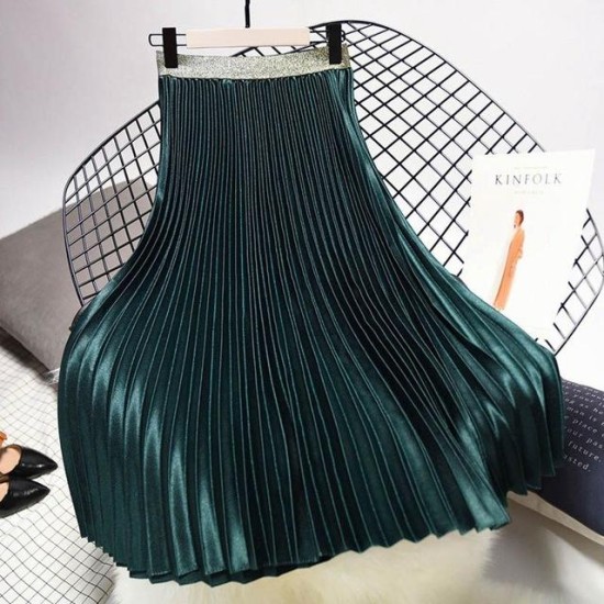 Metal Color Pleated Midi Skirt