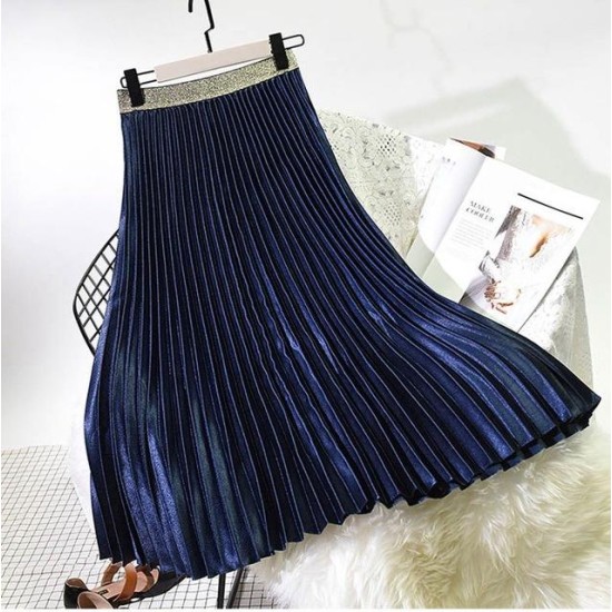 Metal Color Pleated Midi Skirt