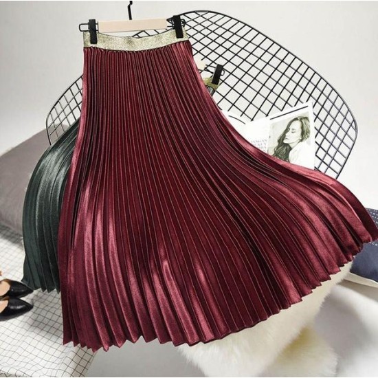 Metal Color Pleated Midi Skirt