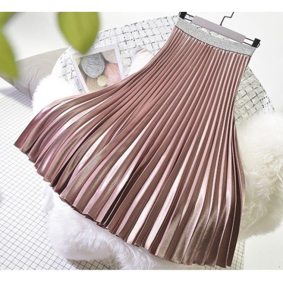 Metal Color Pleated Midi Skirt