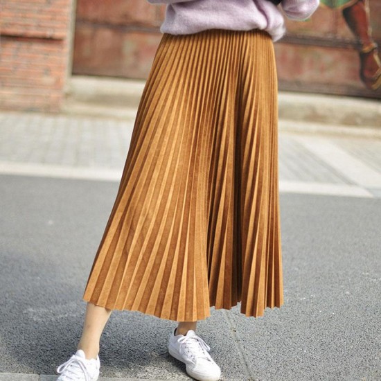 Elegant Suede Pleated Midi Skirt