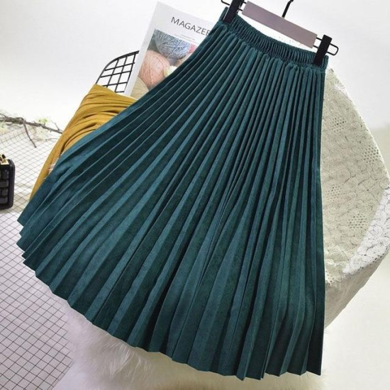 Elegant Suede Pleated Midi Skirt