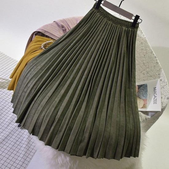 Elegant Suede Pleated Midi Skirt