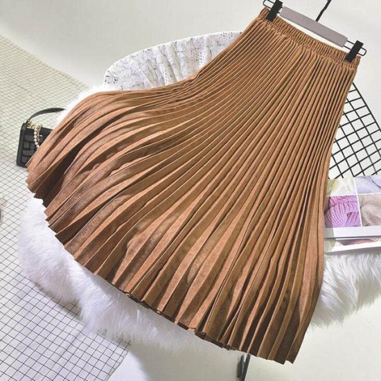Elegant Suede Pleated Midi Skirt
