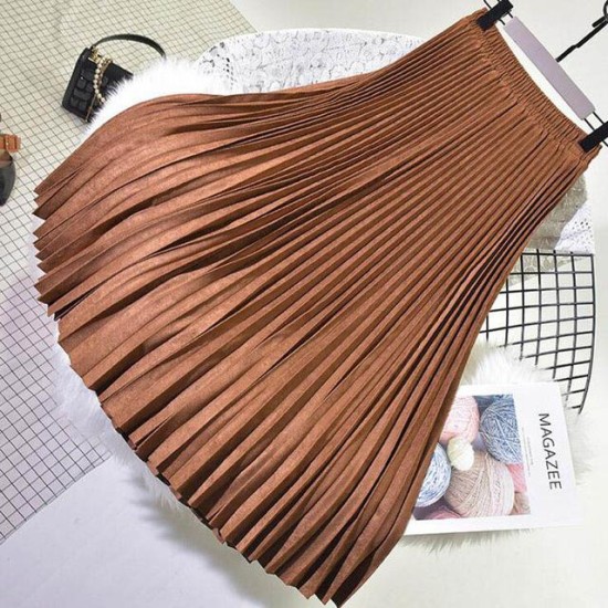 Elegant Suede Pleated Midi Skirt