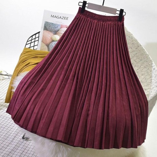 Elegant Suede Pleated Midi Skirt