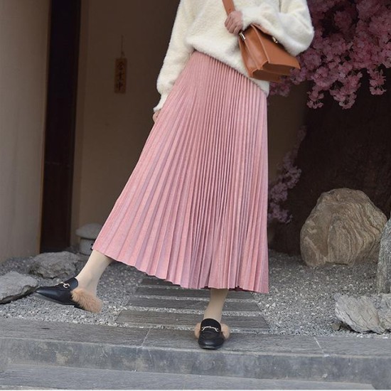 Elegant Suede Pleated Midi Skirt
