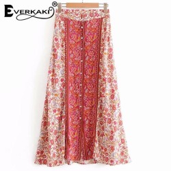 Boho Floral Print Gypsy Buttons Ladies Casual Long Skirt