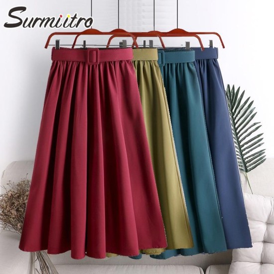 Midi Skirt With Belt High Waist