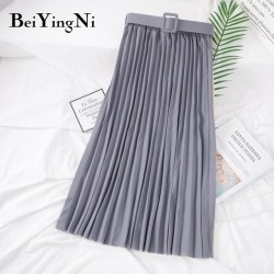 High Waist Casual Vintage Solid Belted Pleated Midi Skirt