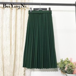 High Waist Casual Vintage Solid Belted Pleated Midi Skirt