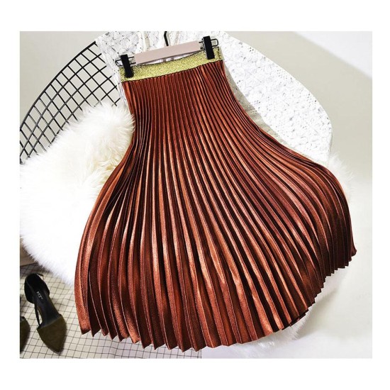 Metal Color Pleated Midi Skirt