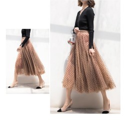 Tulle Polka Dot High Waist Pleated Midi Long Tutu Skirt
