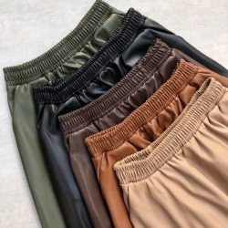 Leather Long Skirts Pockets Winter Elastic Waist A-Line Flare Skirt