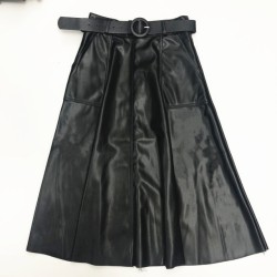 Faux PU Leather Mi-long Skirt with Belted High Waist Vintage Mid-calf Chic