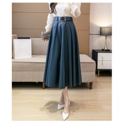 PU Leather mi-long Women's Skirts with Belted High Waist  A-line