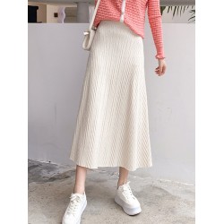 Knit Midi Long Skirt Style Green Stripes Mid-Length High Waist Skirt