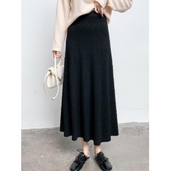 Knit Midi Long Skirt Style Green Stripes Mid-Length High Waist Skirt