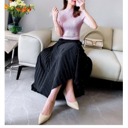 Fashion Diamond Beaded Satin Midi Long Pleated Skirt Women Style High Waist