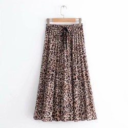 Vintage leopard printing pleated sashes chic mid-calf midi skirt