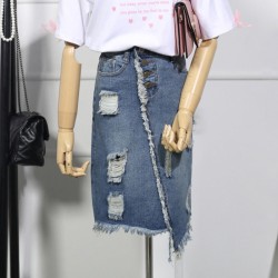 Light Blue Hole Ripped Button Tassel Jeans Skirt