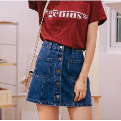 High Waist A-line Single Button Pockets Blue Jean Skirt