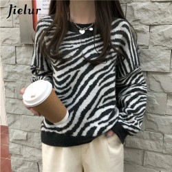 Harajuku Women Sweater Loose Pullovers Striped Chic O-Neck Casual Top