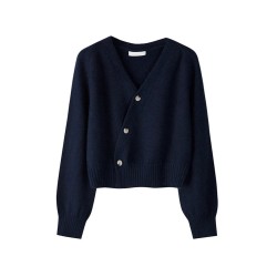Skew Button Cardigan V-neck Sweater Women Knitted Long Sleeve Tops
