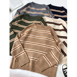 Vintage Stripe Sweaters Women Loose Oversize Korean Style Pullover Top