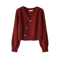 Skew Button Cardigan V-neck Sweater Women Knitted Long Sleeve Tops