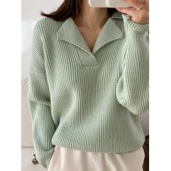 V-neck Sweater Long-sleeved Knitted Pullovers Ribbed Oversize