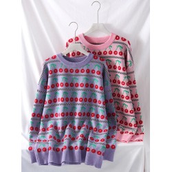 Women's Sweater Graphic Pullover O Neck Oversized Knit Tops Vintage