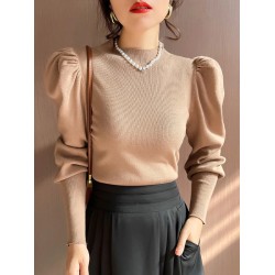 Sweater Turtleneck Slim Fit Basic Pullovers Fashion Knit Puff Sleeve