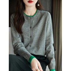 Knitted Cardigan Sweater Clothing O-neck Patchwork Long Sleeve Tops