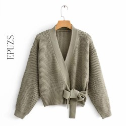 knitted Cardigan long sleeve sashes chic sweater Streetwear Womens Knit Sweater